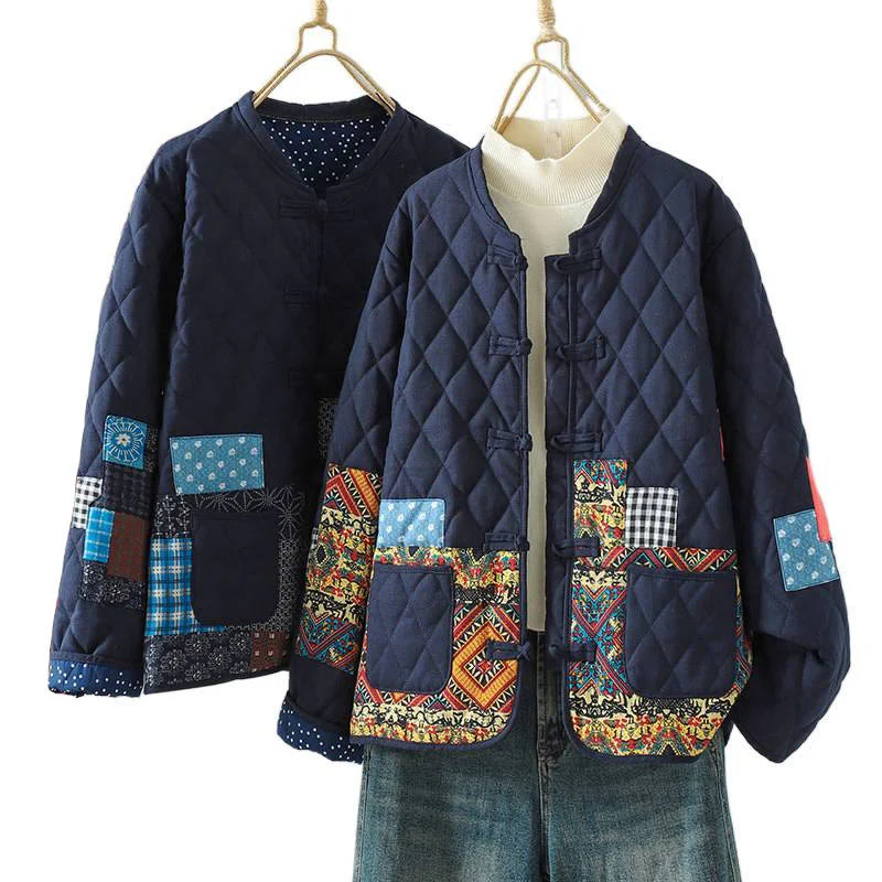 Buddha Stones Ethnic Frog-button Patchwork Women's Thickened Cotton Long Sleeve Jacket With Pockets