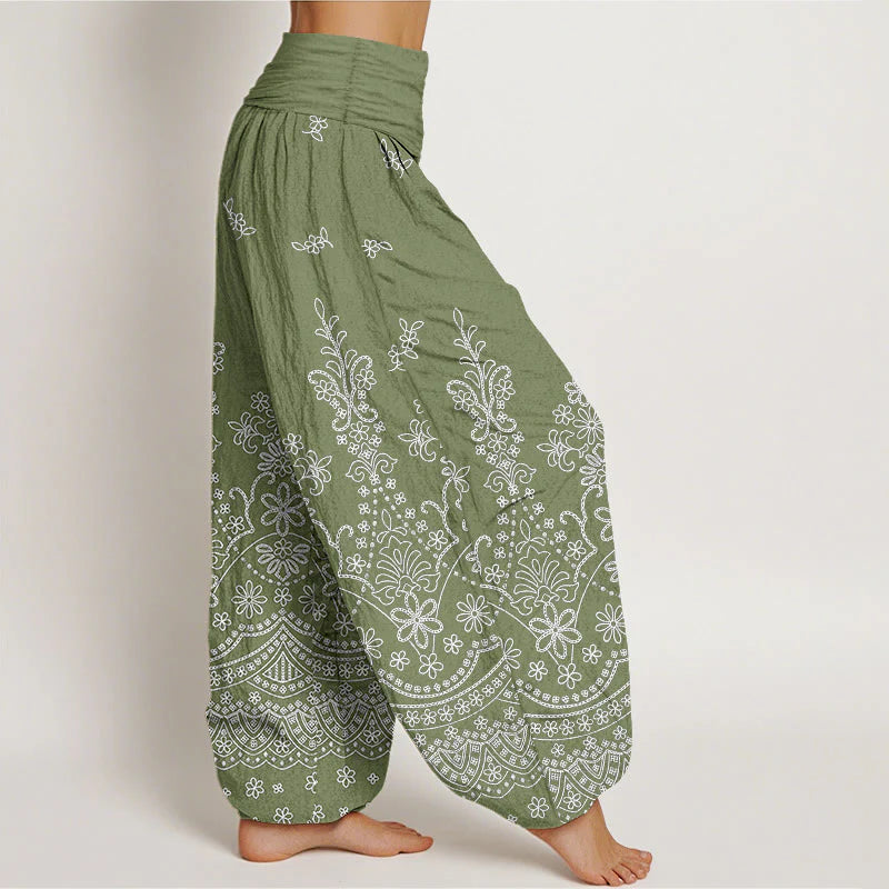 Buddha Stones Cotton Mandala White Flower Pattern Women's Elastic Waist Harem Pants