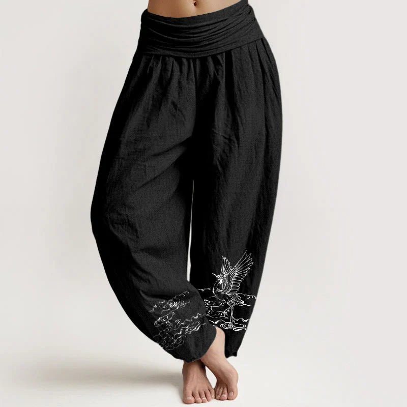 Buddha Stones Crane Flowing Water Pattern Women's Elastic Waist Harem Cotton Pants