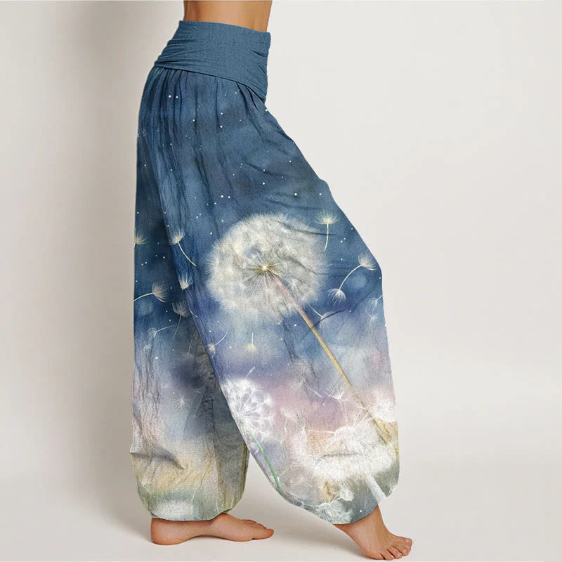 Buddha Stones Cotton Casual Dandelion Pattern Women's Elastic Waist Harem Pants