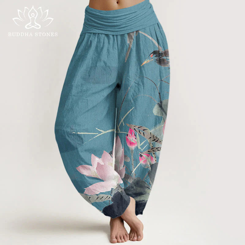 Buddha Stones Cotton Pink Lotus Leaves Bird Pattern Women's Elastic Waist Harem Pants