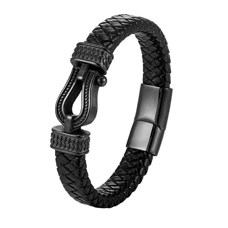 Buddha Stones Leather horseshoe-Shaped Titanium Steel Balance Braided Magnetic Buckle Bracelet