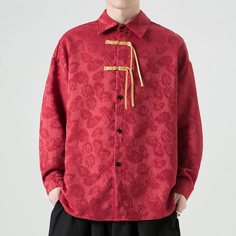 Buddha Stones Frog-Button Leaves Pattern Long Sleeve Men's Tang Suit Jacket