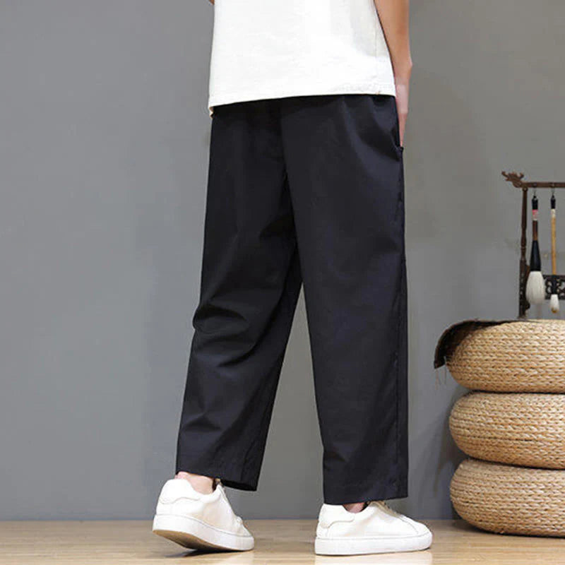 Buddha Stones Summer Solid Color Drawstring Straight Leg 7-8 Length Men's Pants With Pockets