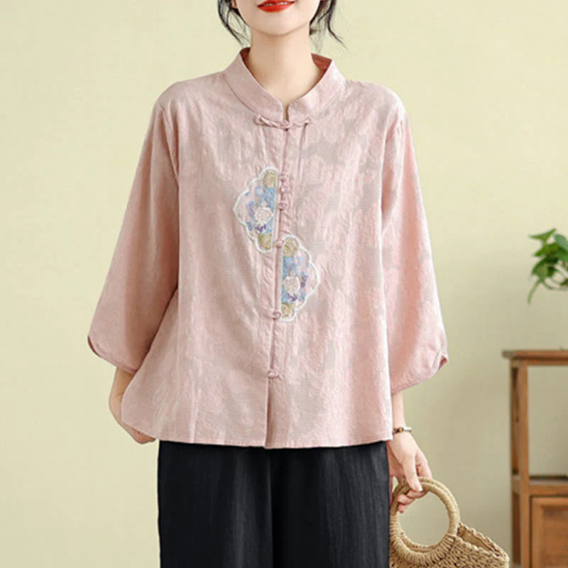 Buddha Stones Flower Embroidery Jacquard Three Quarter Sleeve Frog-Button Cotton Women's Shirt
