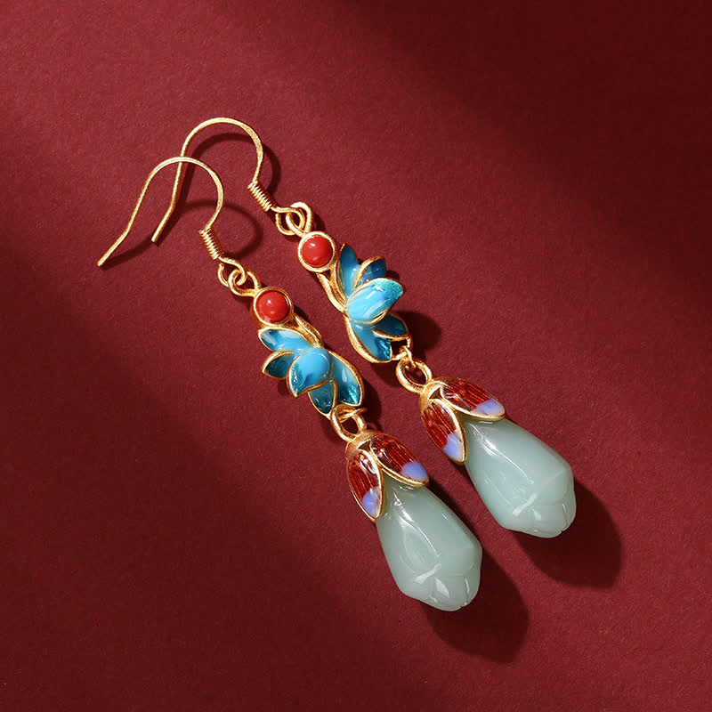 Buddha Stones Magnolia Flower Jade Pattern Luck Prosperity Drop Dangle Earrings