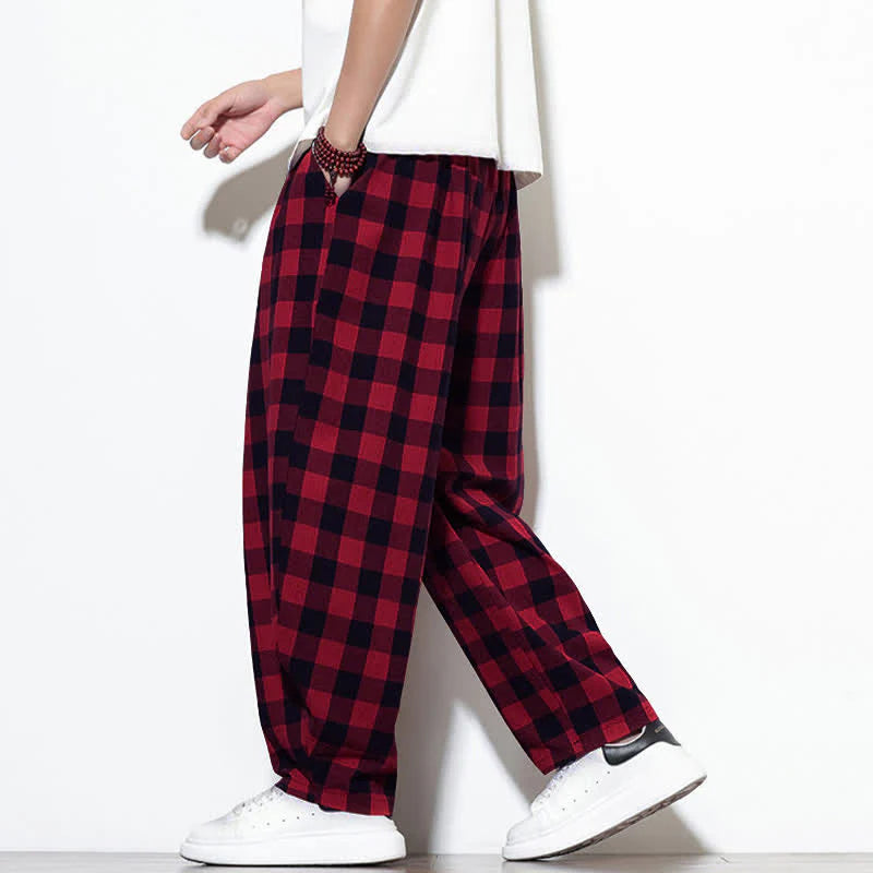 Buddha Stones Summer Plaid Pattern High Waist Drawstring Men's Harem Pants With Pockets