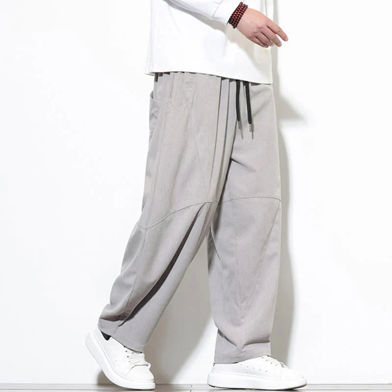 Buddha Stones Drawstring Solid Color Tapered Design Cotton Corduroy Men's Harem Pants With Pockets