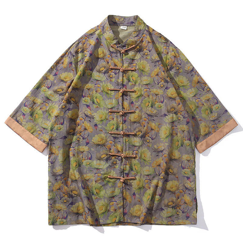 Buddha Stones Summer Colorful Floral Leaves Pattern Short Sleeve Frog-button Design Men's Cotton Shirt