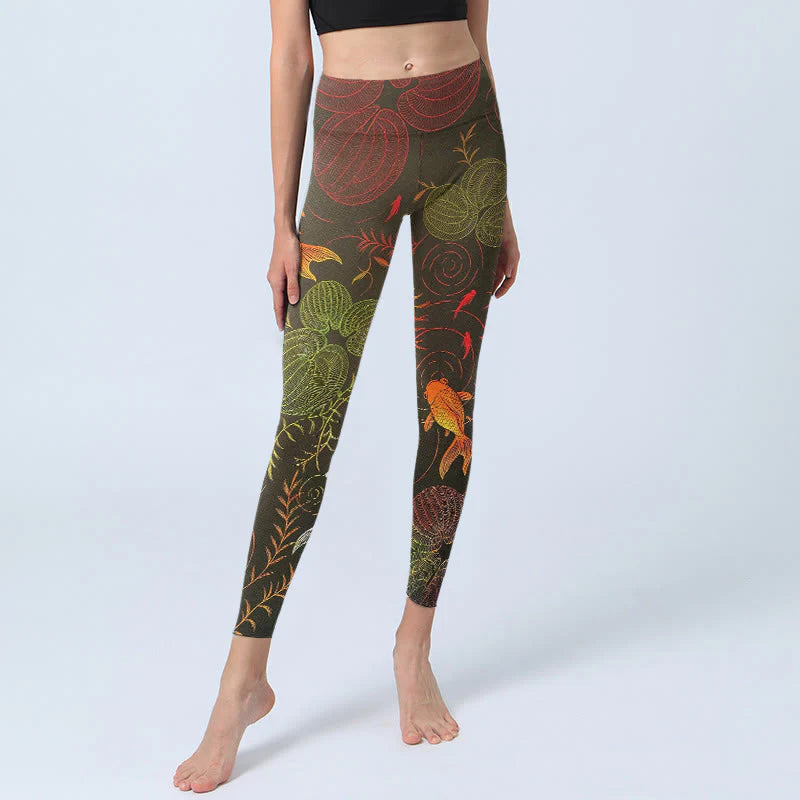 Buddha Stones Colorful Koi Fish Water Ripples Plant Pattern Print Gym Leggings Women's Yoga Pants