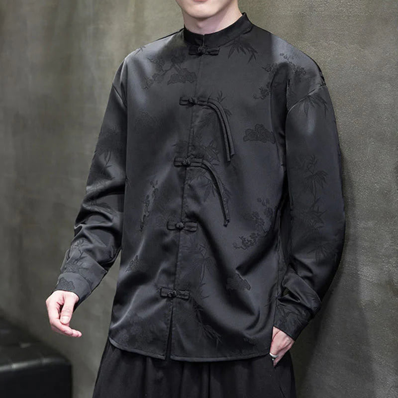 Buddha Stones Plain Frog-Button Design Tang Suit Men's Long Sleeve Jacket