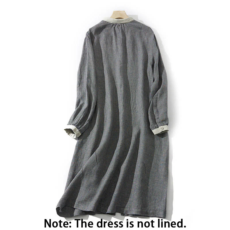 Buddha Stones Commute DimGray Plaid Lantern Long Sleeve Cotton Linen Midi Dress With Pockets