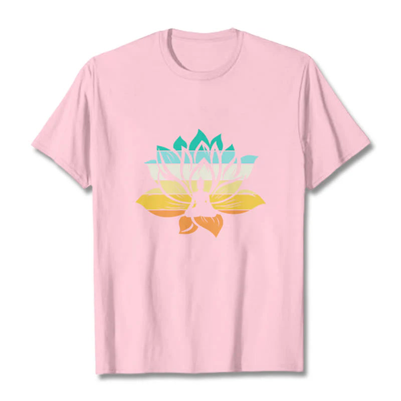 Buddha Stones Gradient-colored Lotus Flower Buddha Meditation Cotton Tee T-shirt