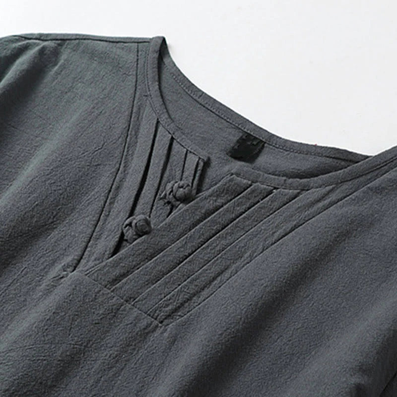 Buddha Stones Summer V-Neck Frog-Button Short Sleeve Clouds Embroidery Cotton Linen Men's Shirt