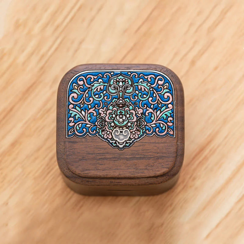 Buddha Stones Retro Handmade Black Walnut Wood Ring Jewelry Storage Box Leaf Wooden Gift Box
