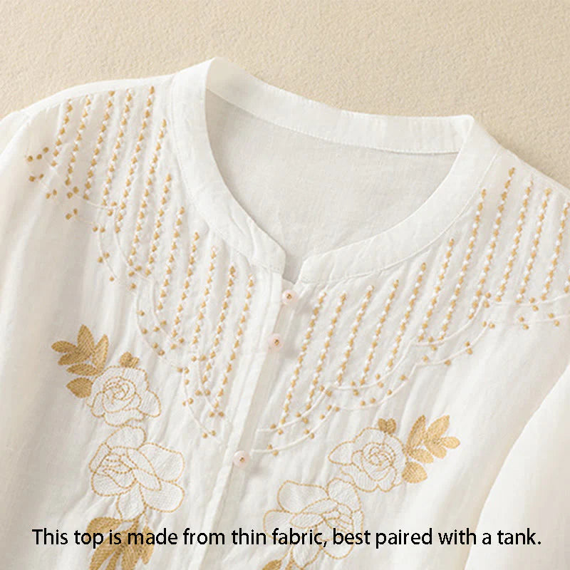 Buddha Stones Rose Floral Embroidery Button Half Sleeve Women's Cotton Shirt