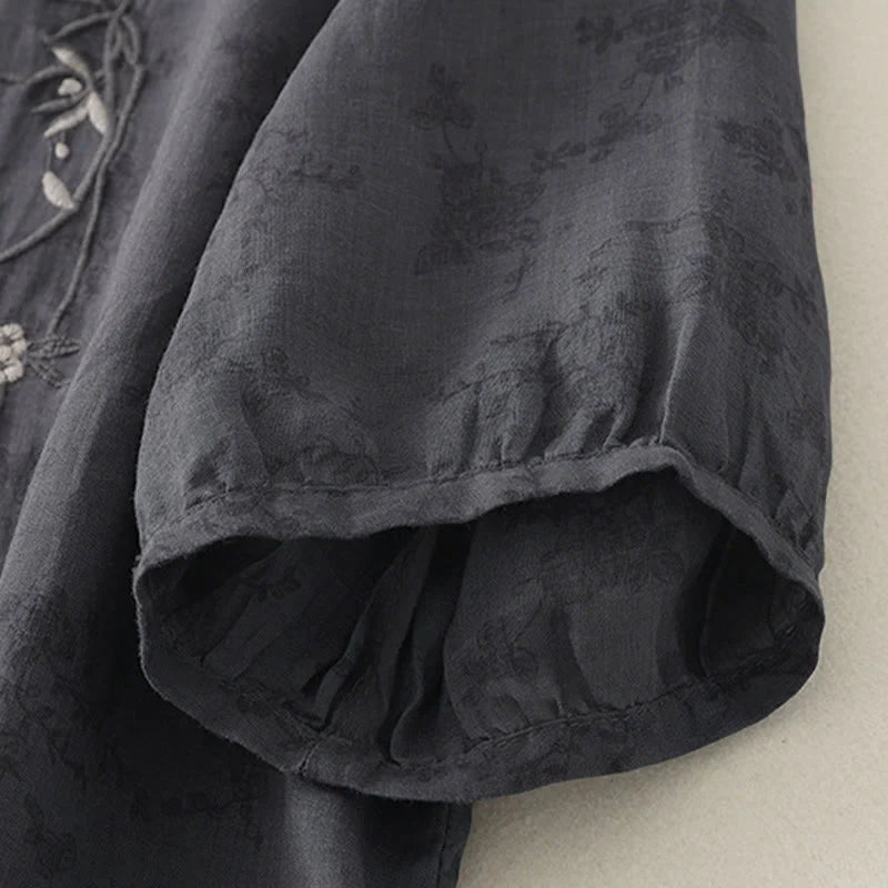 Buddha Stones Stand Collar Embroidery Button Design Three Quarter Sleeve Summer Women's Shirt