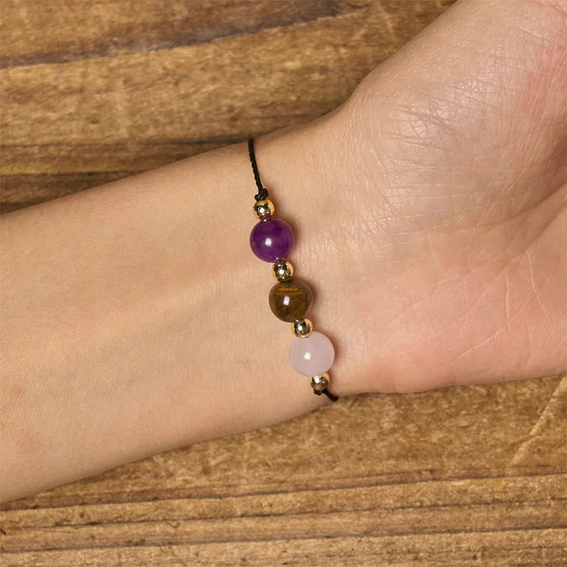 Buddha Stones Amethyst Tiger Eye Rose Quartz Protection Anti-Anxiety Card Rope Bracelet