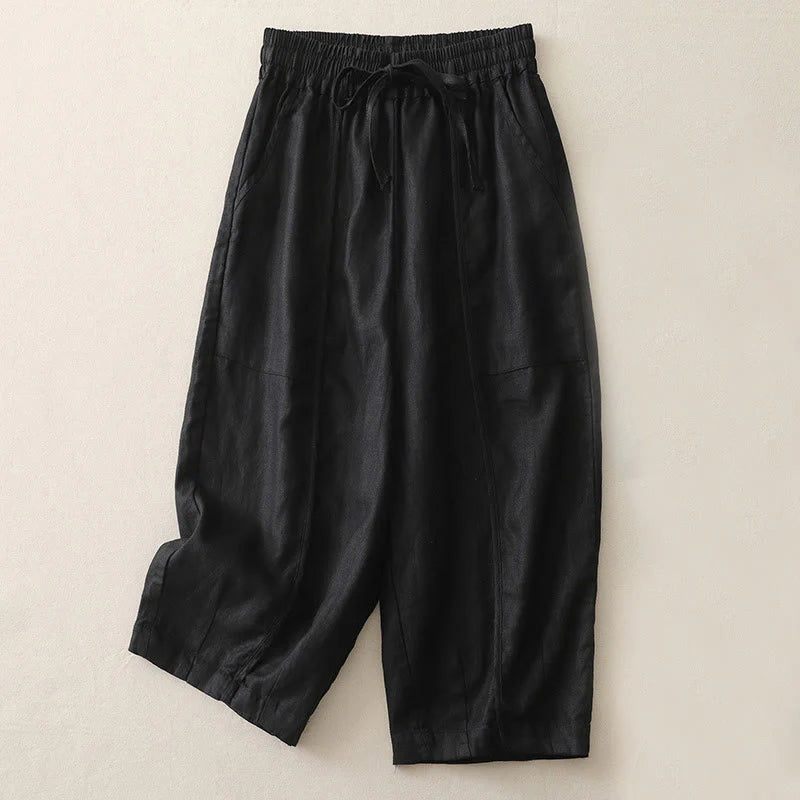 Buddha Stones Casual Plain Solid Color Patchwork Women's Polyester 7-8 Length Wide Leg Pants With Pockets