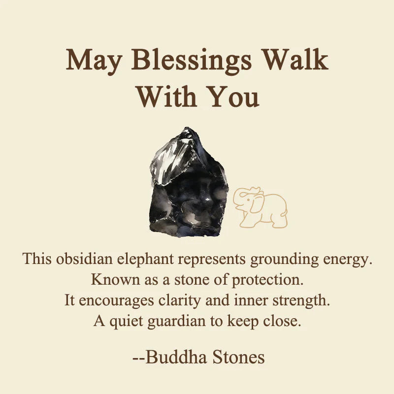 Buddha Stones ''May Blessings Walk With You'' Natural Small Elephant Amazonite Amethyst Jade Black Obsidian Stone Decoration Includes Gift Message Card