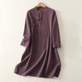 Buddha Stones Spring Diagonal Closure Frog Buttons Design Cotton Long Sleeve Midi Dress