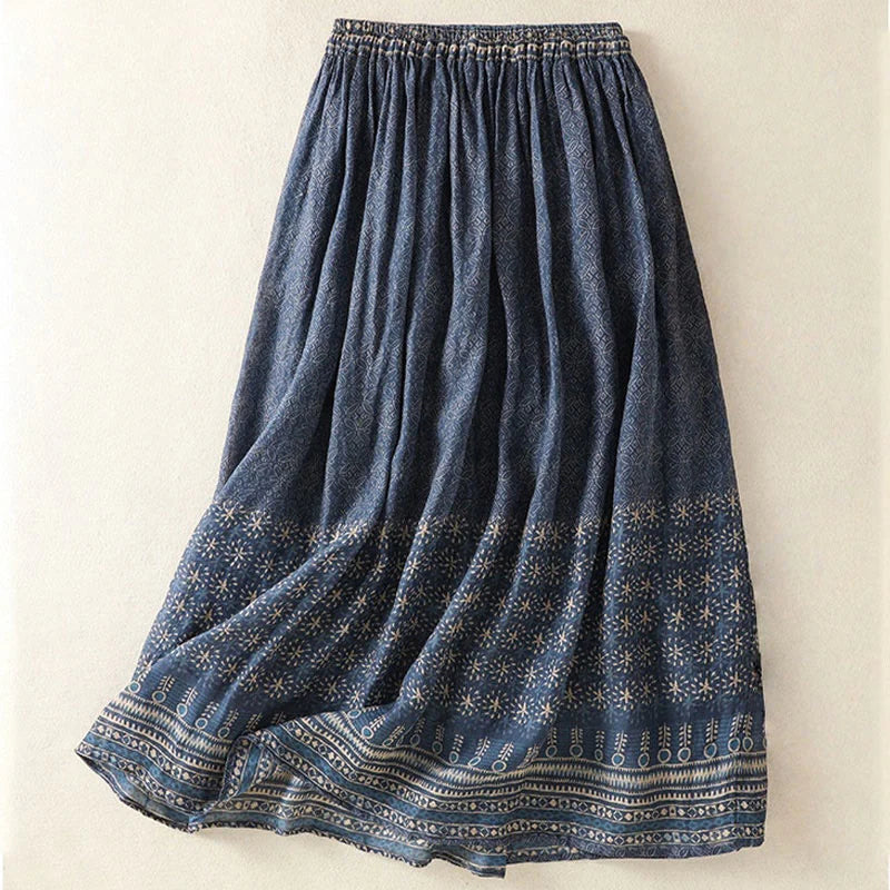 Buddha Stones Vintage Ethnic Floral Pattern Lined Drawstring Women's Skirt With Pockets