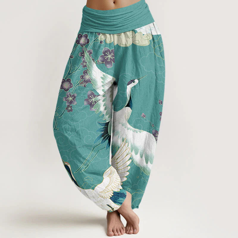 Buddha Stones Cotton Cranes Flowers Auspicious Clouds pattern Women's Elastic Waist Harem Pants