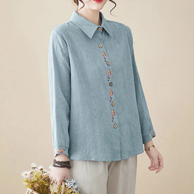 Buddha Stones Spring Plain Embroidered Flower Pattern Button Women's Long Sleeve Cotton Lapel Shirt