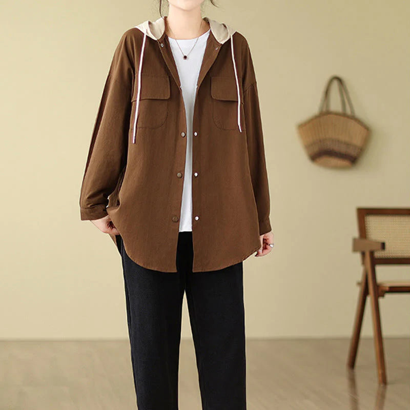Buddha Stones Casual Commute Drawstring Hoodie Women's Cotton Linen Jacket With Pockets