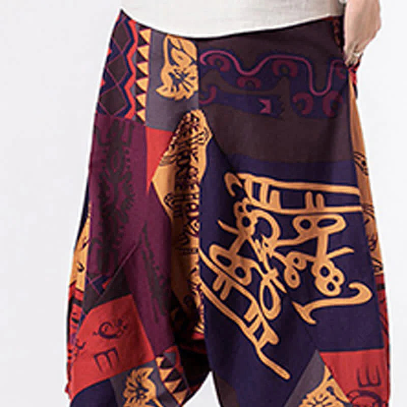 Buddha Stones Ethnic Printing Floral Geometric Pattern Men's Harem 7-8 Length Pants With Pockets