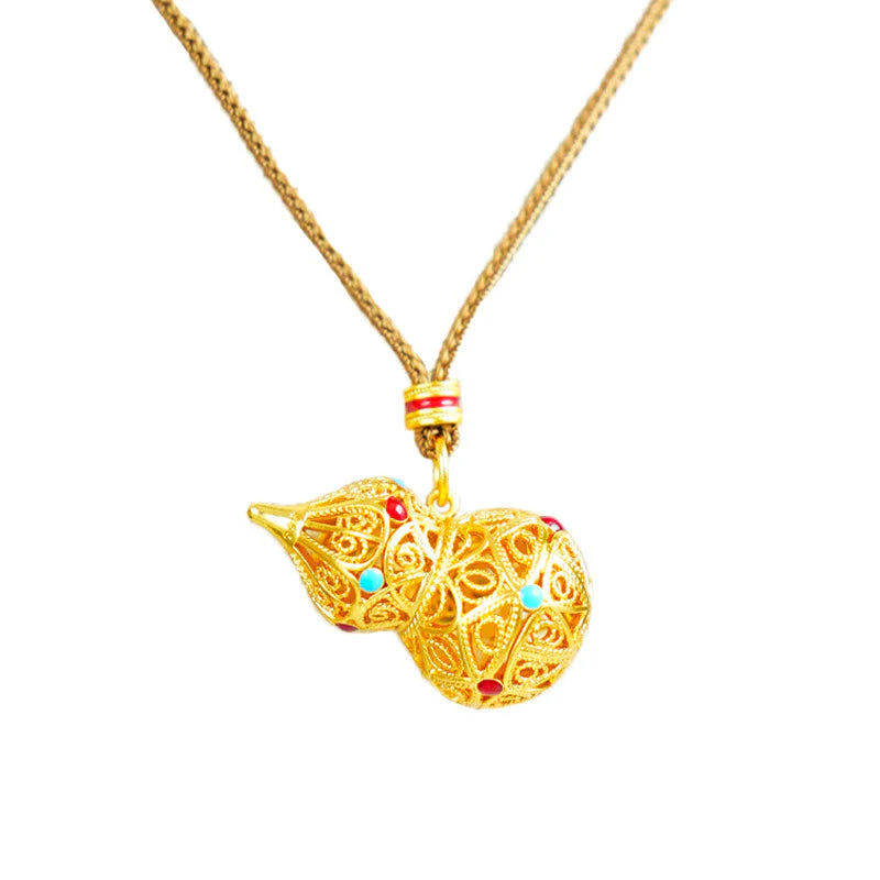 Buddha Stones Hollow Gourd Design 24k Gold Plated Brass Rope Necklace Pendant