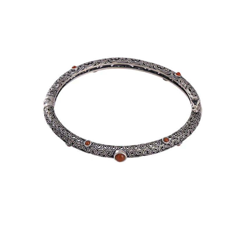 Vintage Tang Dynasty Flower Design Engraved Red Agate Copper Luck Bracelet Bangle