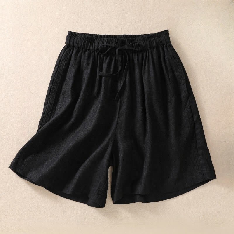 Buddha Stones Casual Floral Embroidery Pattern Drawstring Cotton Linen Women's Shorts With Pockets