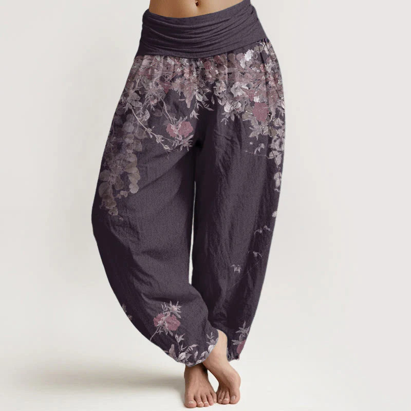 Buddha Stones Pure Cotton Casual Red Peony Flower Vine Design Women's Elastic Waist Harem Pants