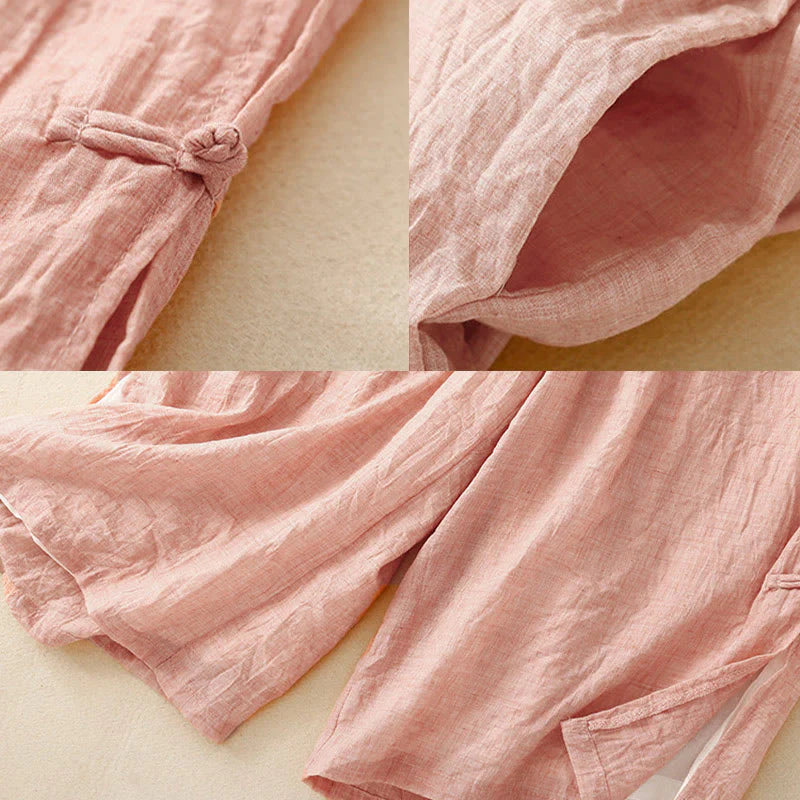 Buddha Stones Frog-Button Hem Slit Design Women's Wide Leg Cotton Linen Pants With Pockets