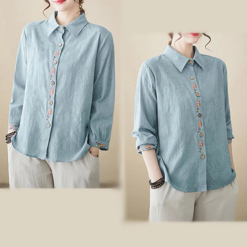 Buddha Stones Spring Plain Embroidered Flower Pattern Button Women's Long Sleeve Cotton Lapel Shirt