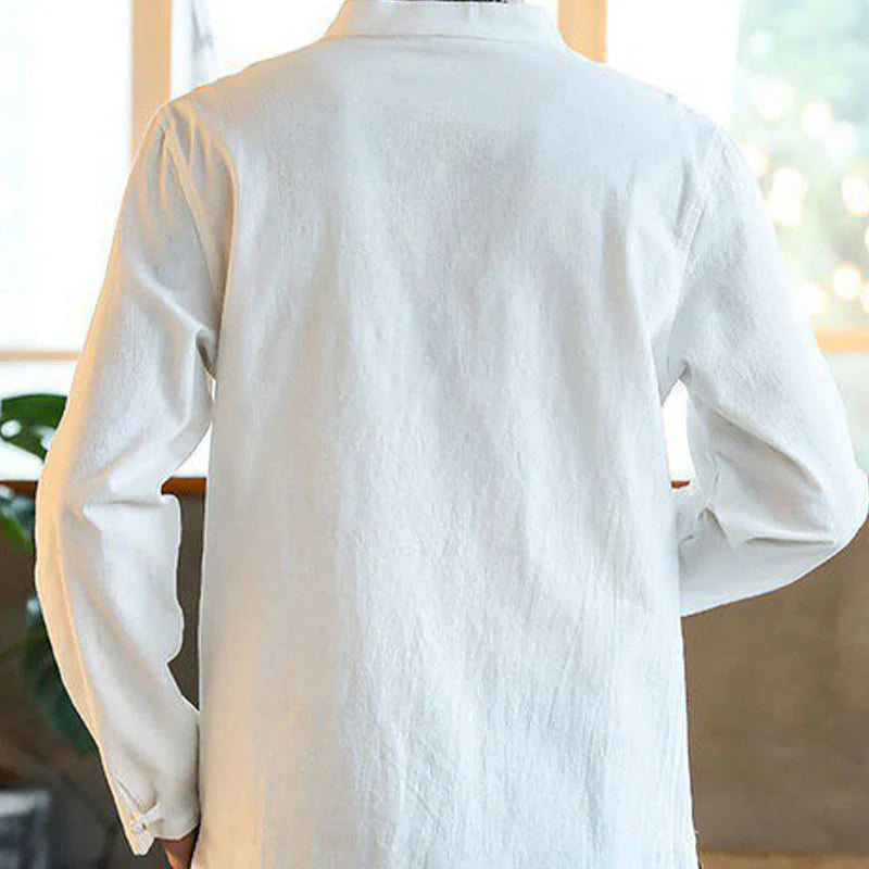 Buddha Stones Casual Stand Collar Frog-Button Long Sleeve Tang Suit Linen Men's Shirt