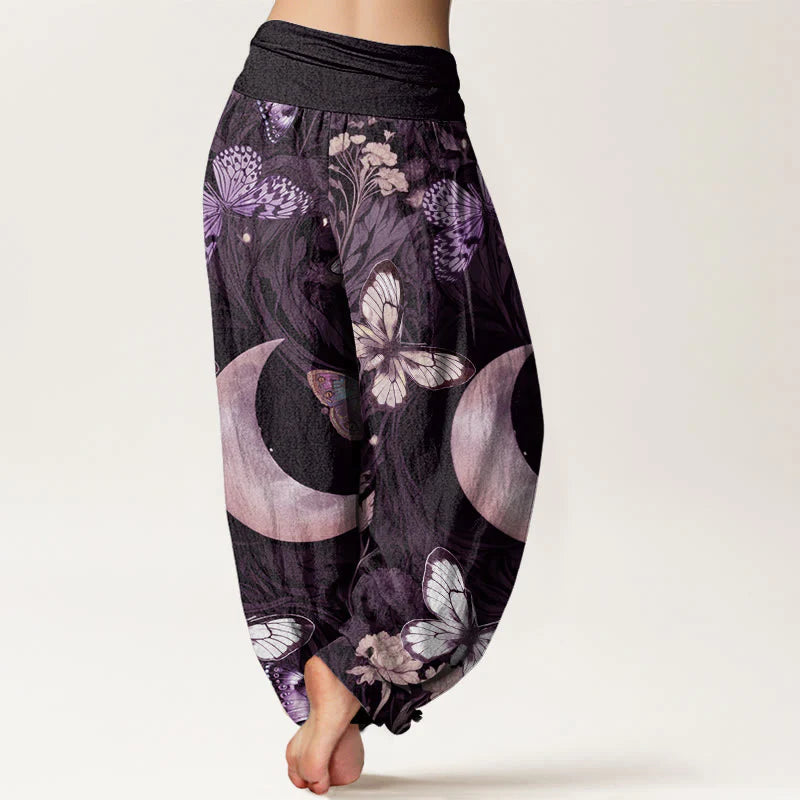 Buddha Stones Cotton Butterfly Flowers Crescent Moon Pattern Design Women's Elastic Waist Harem Pants