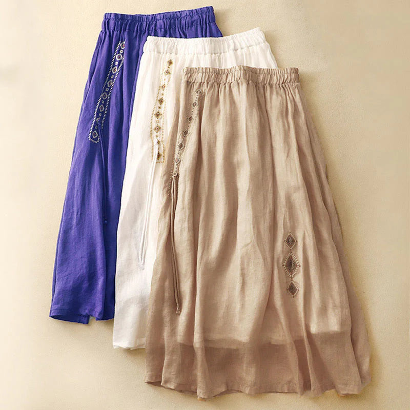 Buddha Stones Ethnic Vintage Embroidery Button Design Women's Cotton Linen 7-8 Length Skirt