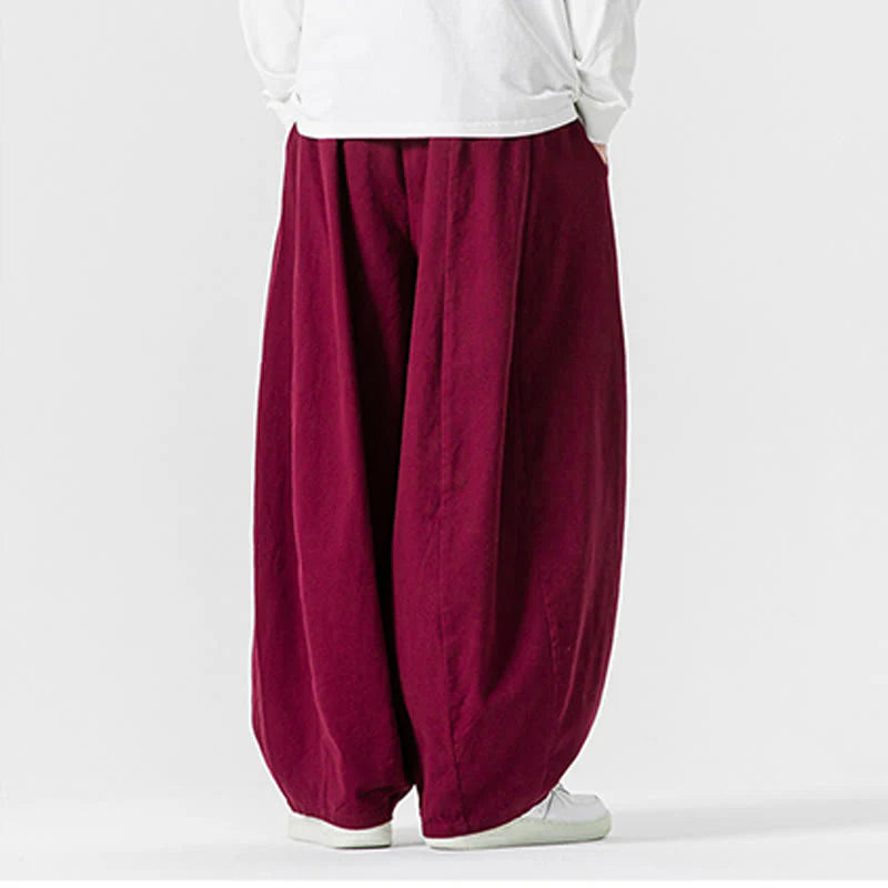 Buddha Stones Winter Commute Plain Drawstring Design Men's Wide Leg Cotton Pants With Pockets