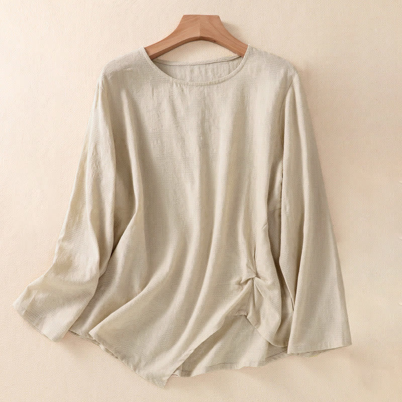 Buddha Stones Jacquard Irregular Hem Pleated Design Women's Cotton Long Sleeve Shirt