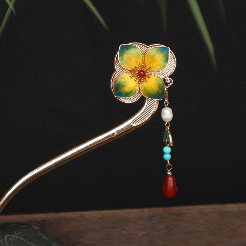 Buddha Stones Red Agate Turquoise Bead Calm Confidence Velvet Flower Tassel Hairpin