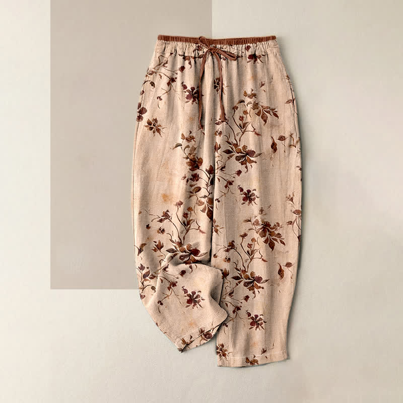 Buddha Stones Pure Cotton Retro Branch Flowers Pattern Elastic Waist Women's Pants With Pockets