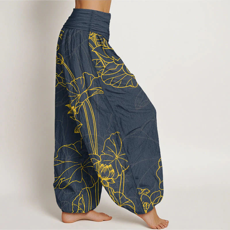 Buddha Stones Pure Cotton Concise Lotus Flower Leaf Pod Bud Pattern Women's Elastic Waist Harem Pants
