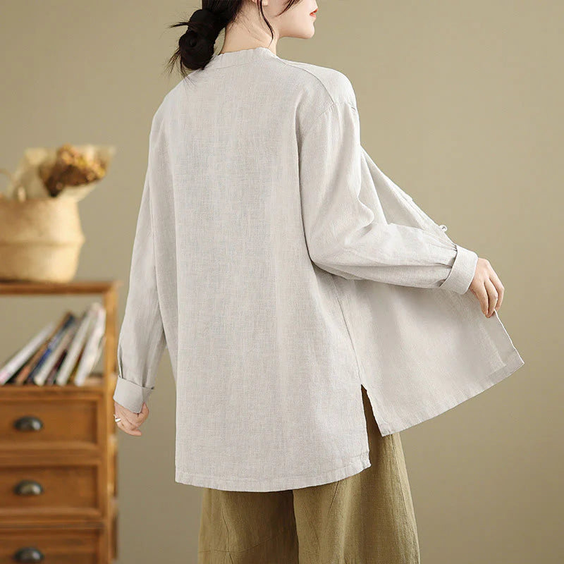 Buddha Stones Solid Color Front Buttons Design Long Sleeve Women's Cotton Linen Shirt