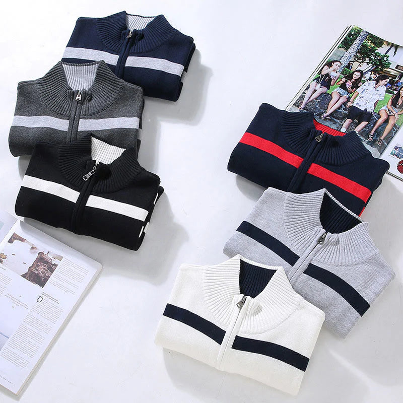 Buddha Stones Color Contrast Striped Half Zipper Design Cotton Men's Long Sleeve Sweater