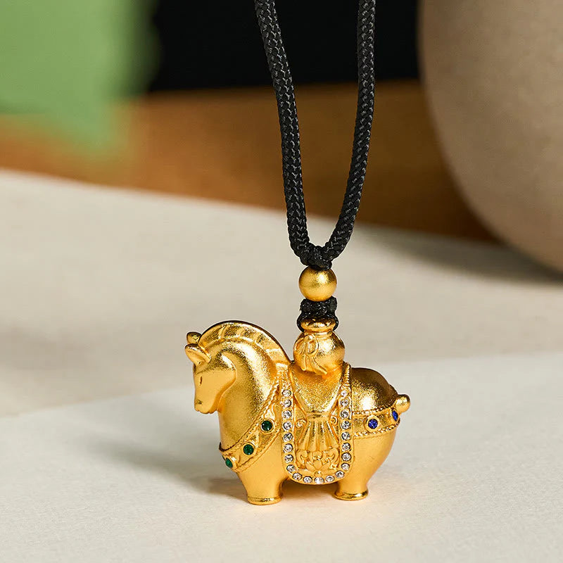Buddha Stones Year Of The Horse 24k Gold Plated Brass Rope Cord Necklace Pendant