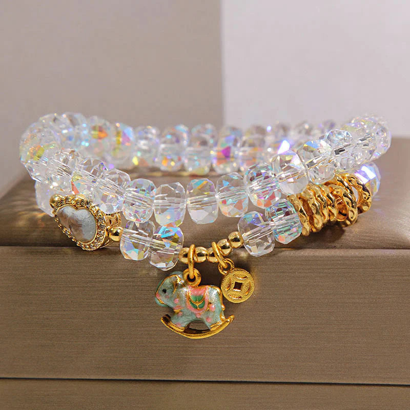 Buddha Stones Chinese Zodiac Year Of The Horse Crystal Glass Copper Coin Gourd Double Wrap Bracelet