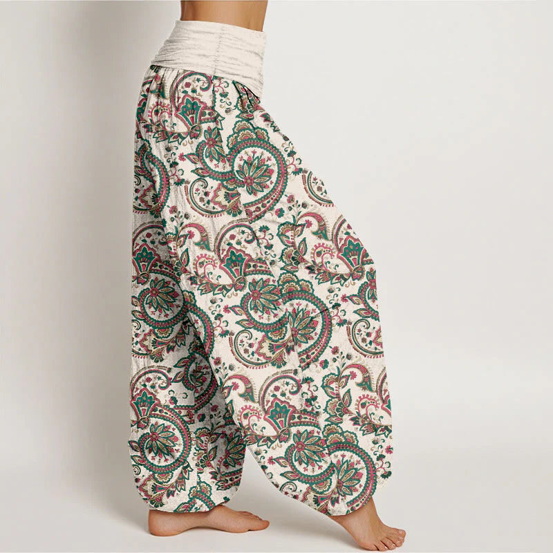 Buddha Stones Cotton Retro Complex Flowers Leaves Vine Pattern Women's Elastic Waist Harem Pants
