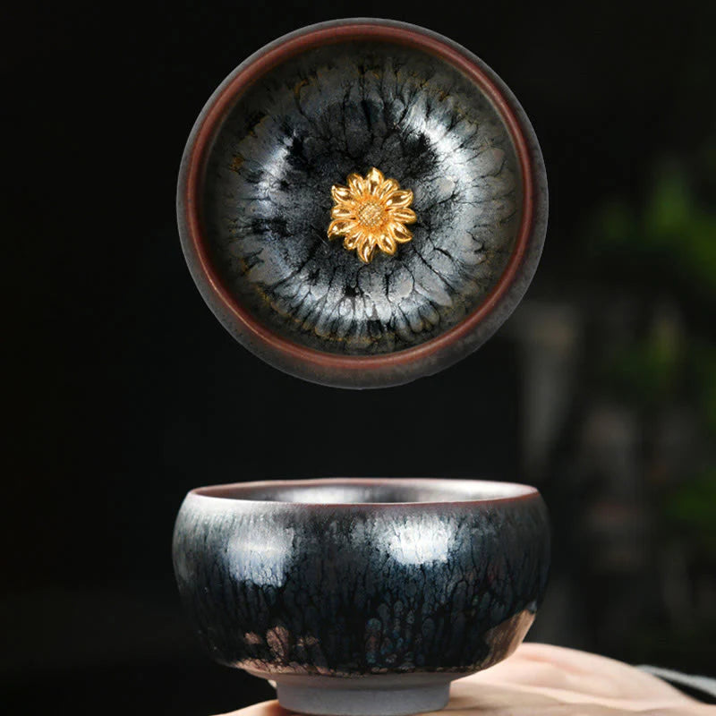 Buddha Stones 24K Gold Inlaid Sunflower Chinese Jianzhan Glaze Kiln Change Ceramic Teacup Tenmoku Kung Fu Tea Cup (Extra 35% Off | USE CODE: FS35)